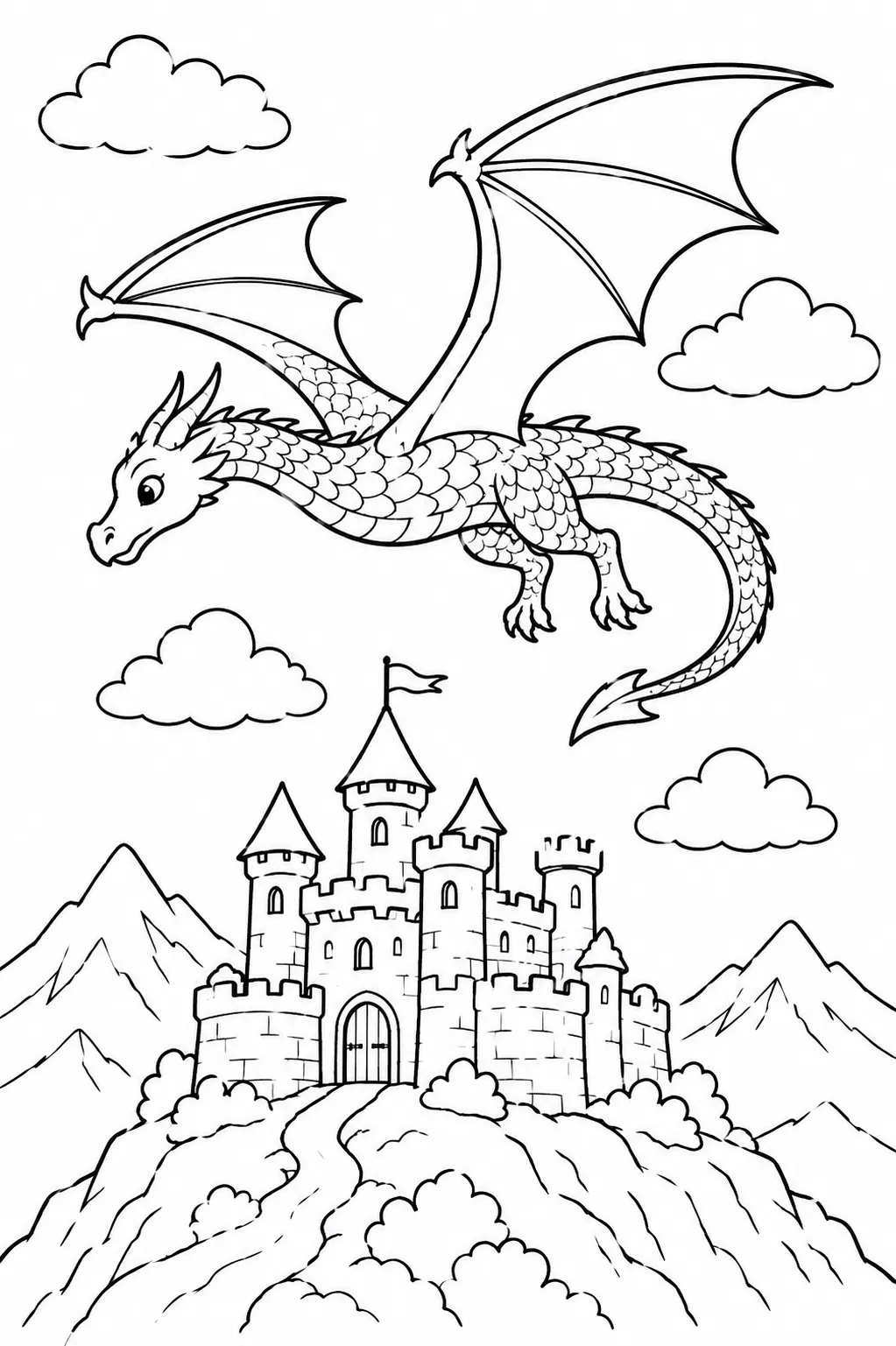 Ausmalbild: Wyvern-Drache mit Fledermausflügeln kreist über einer mittelalterlichen Burg