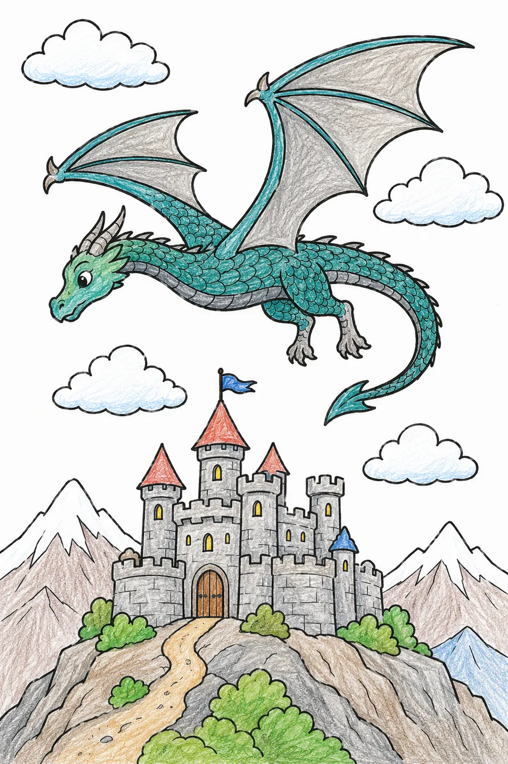 Die Wyvern – der Zweiflügler-Drache kreist über der mittelalterlichen Burg