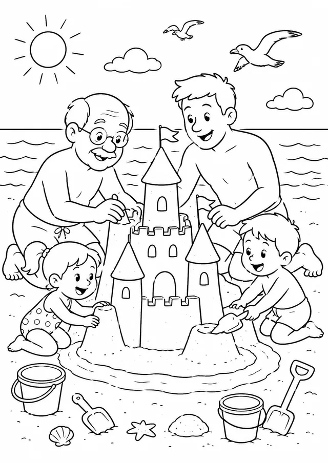Drei Generationen bauen gemeinsam eine riesige Sandburg am Sommerstrand