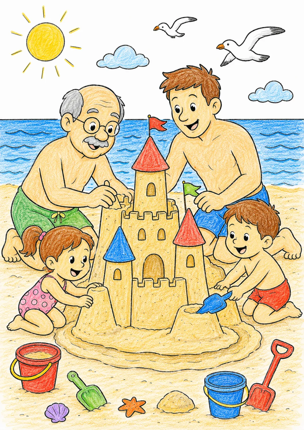 三代人在夏天的沙滩上一起建造一座巨大的沙堡