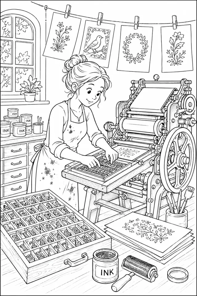 Druckerin an der alten Buchdruckpresse