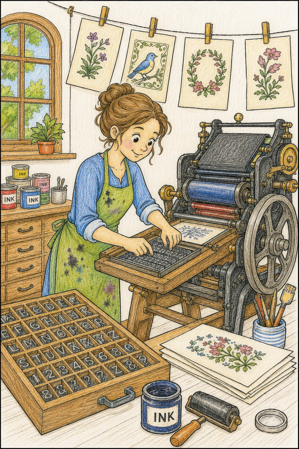 Druckerin an der alten Buchdruckpresse