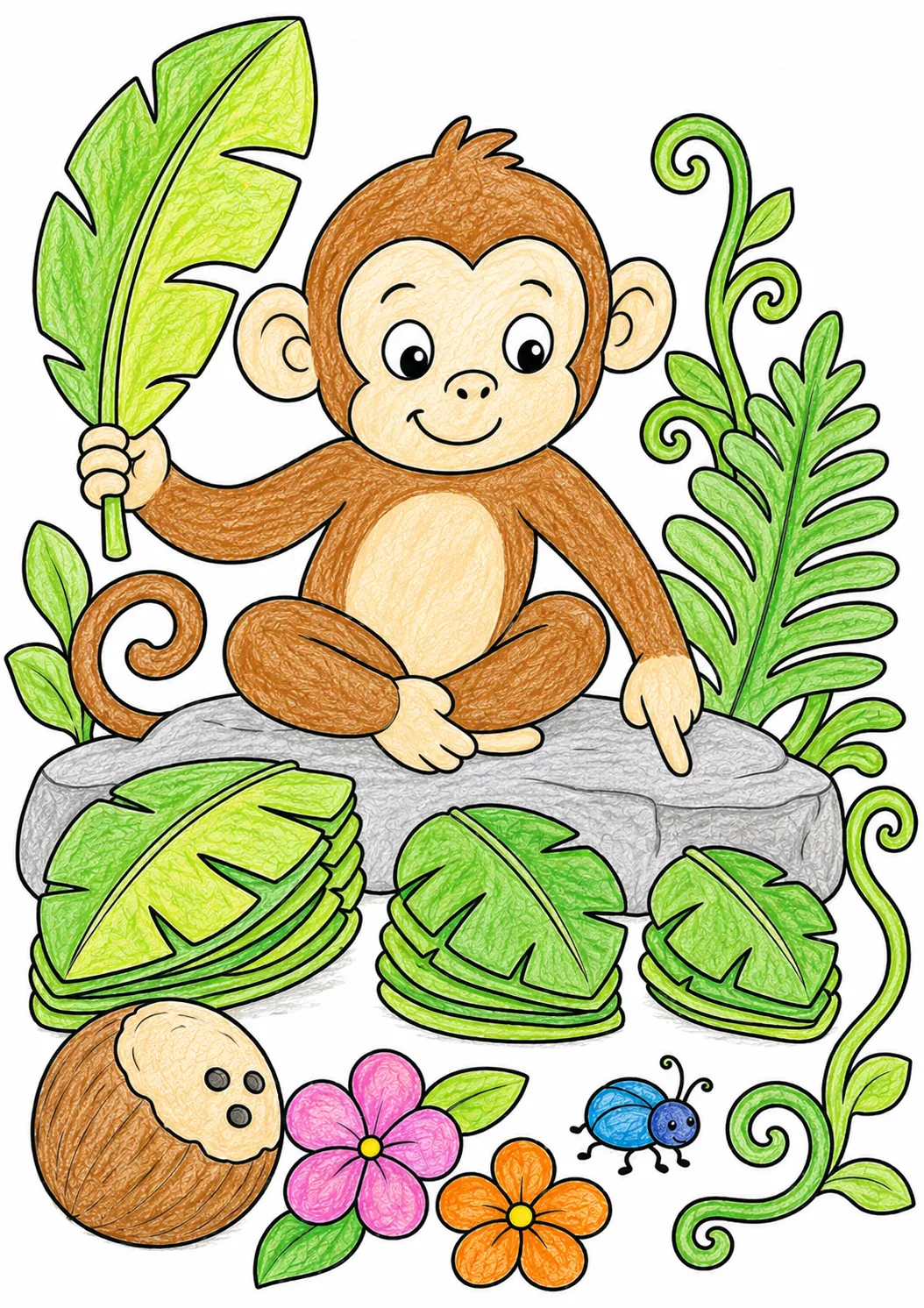 Affe sortiert Bananenblätter
