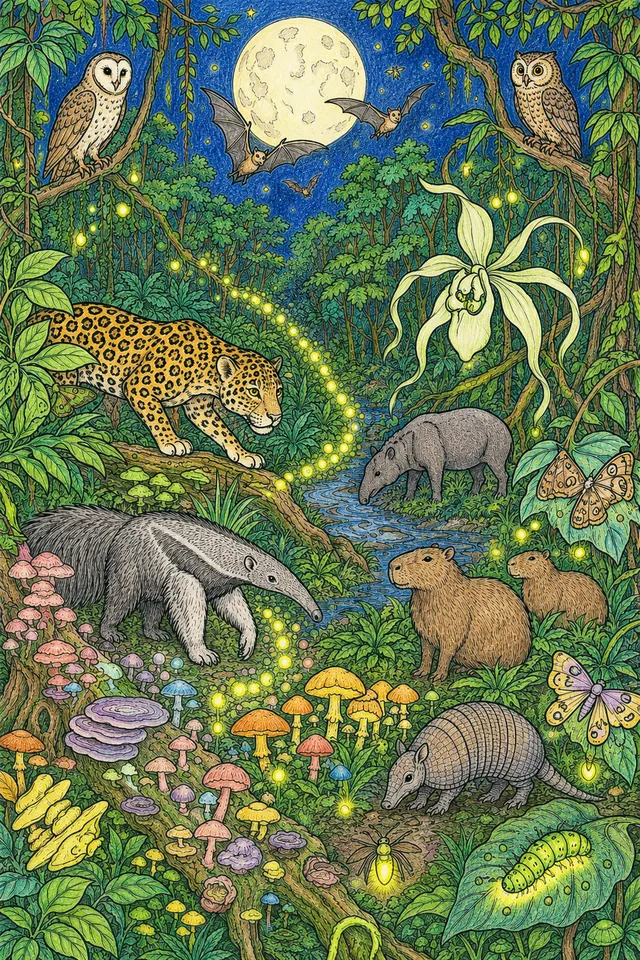 Wimmelbild-Ausmalbild: Magisches Amazonas-Nachtpanorama mit vielen leuchtenden Pilzen, Glühwürmchen und Nachttieren
