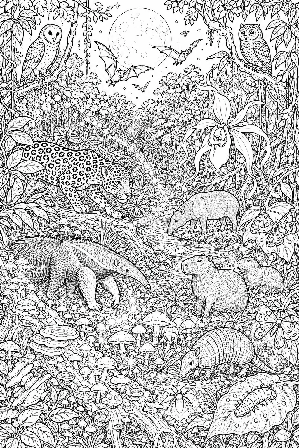 Wimmelbild-Ausmalbild: Magisches Amazonas-Nachtpanorama mit vielen leuchtenden Pilzen, Glühwürmchen und Nachttieren