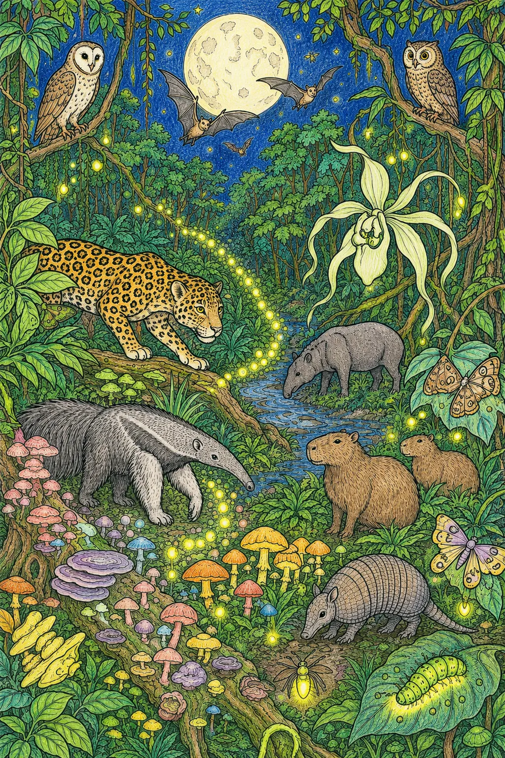 Amazonas-Nacht-Wimmelbild leuchtend