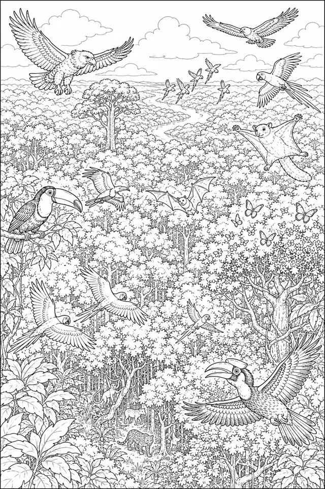 Treetop Panorama with Flying Animals