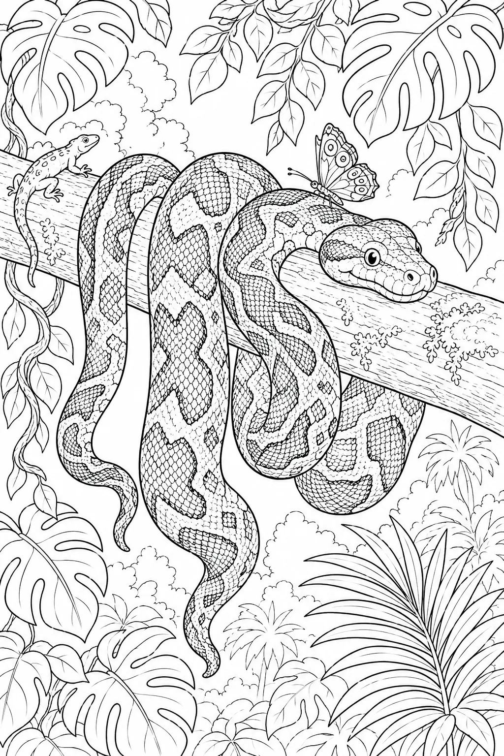 Ausmalbild: Gemusterte Boa Constrictor liegt entspannt auf breitem Dschungelast, kleine Tiere schauen zu