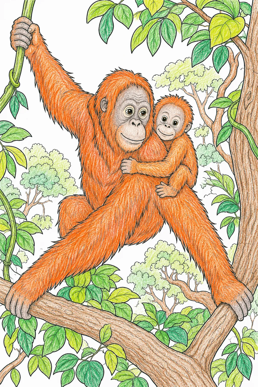 Borneo-Orang-Utan-Mutter schleppt Kind