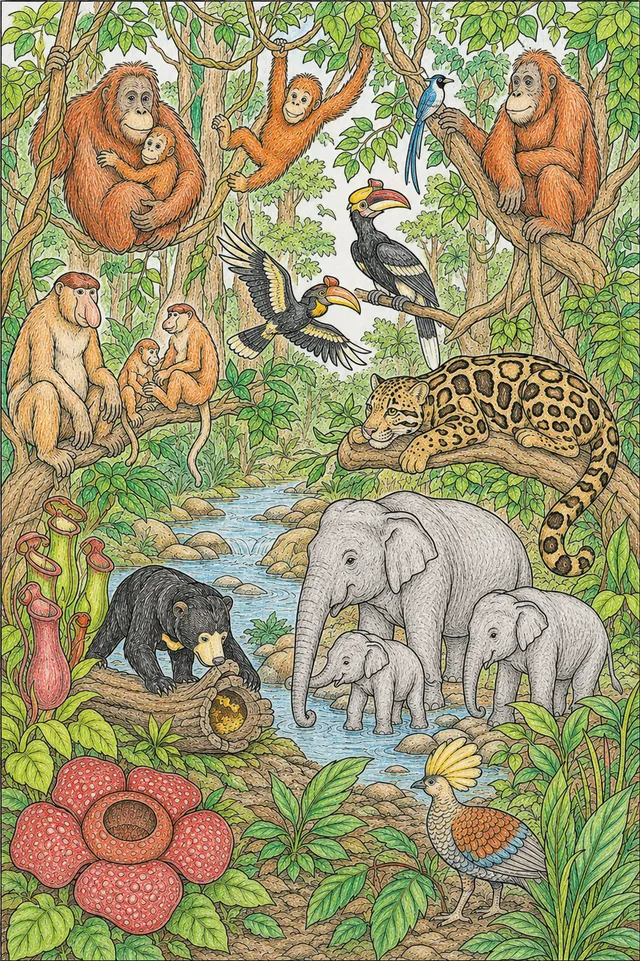 婆罗洲雨林Wimmelbild – 涂色效果预览