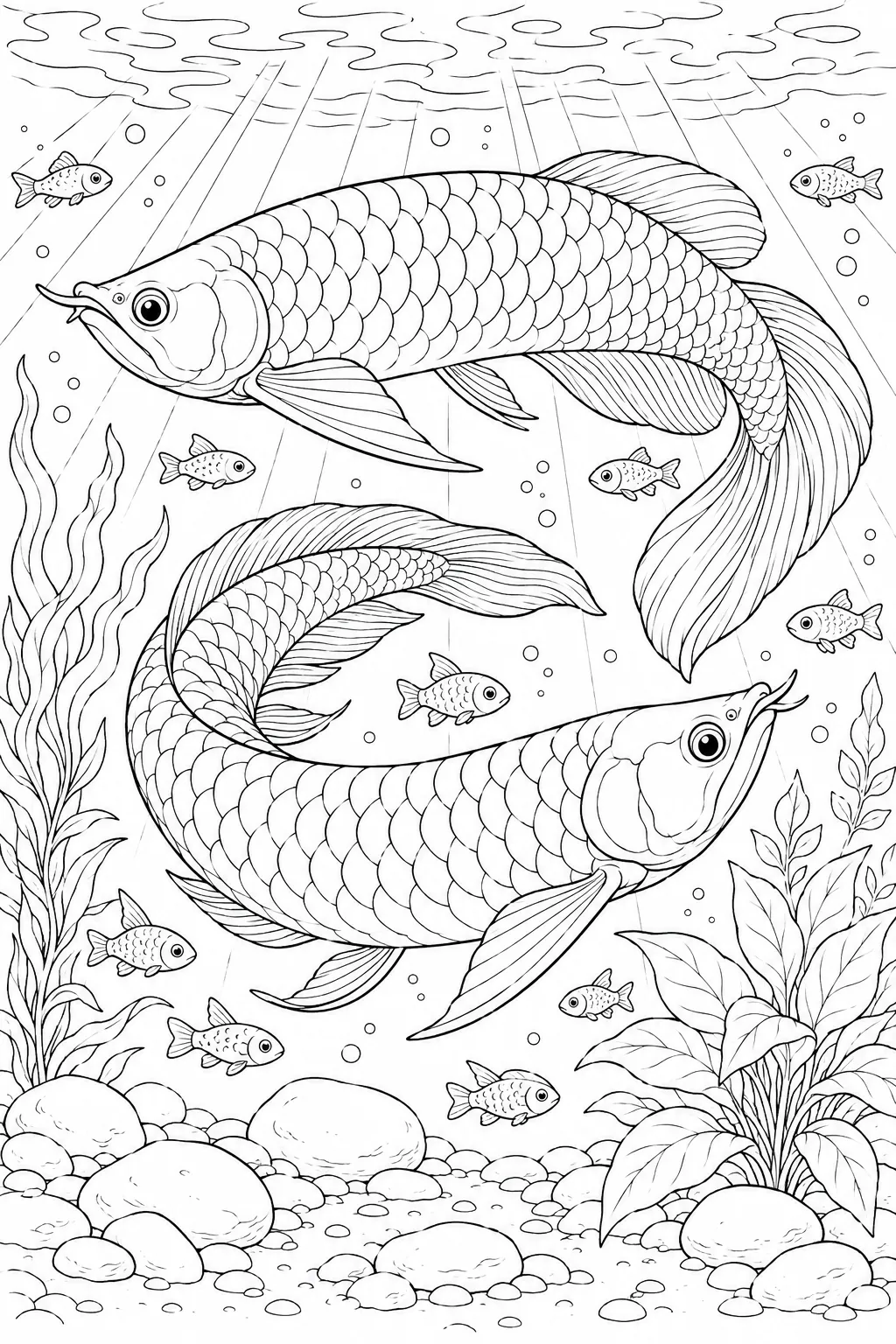 Ausmalbild: Zwei elegante Arowana-Fische tanzen in perfekter Synchronie im Dschungelbach