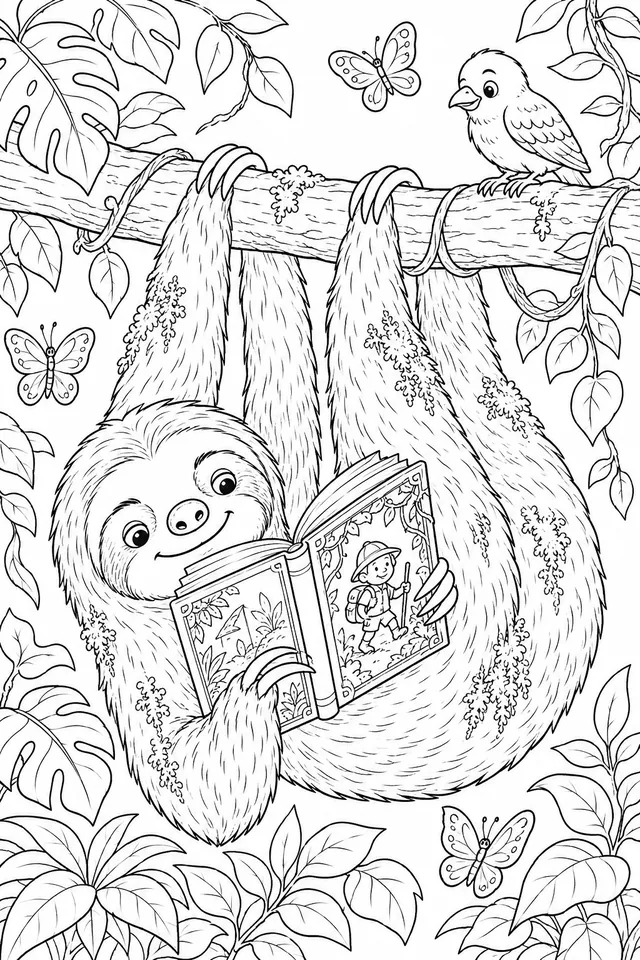 Faultier hängt kopfüber und liest Buch