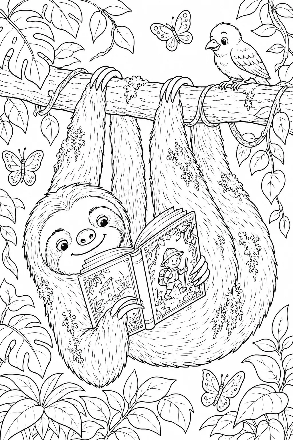 Ausmalbild: Faultier hängt entspannt kopfüber auf Ast und liest Buch, kleiner Vogel schaut zu