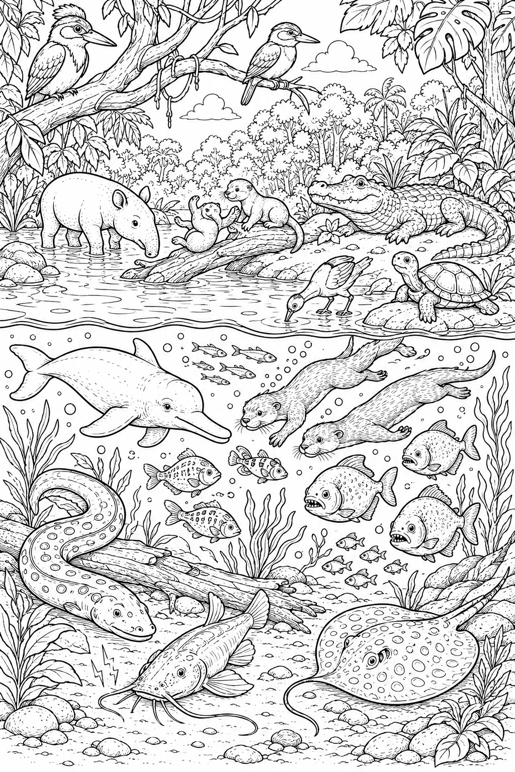 Wimmelbild-Ausmalbild: Dschungelfluss-Querschnitt mit üppigen Ufertieren und reichem Unterwasser-Tierleben