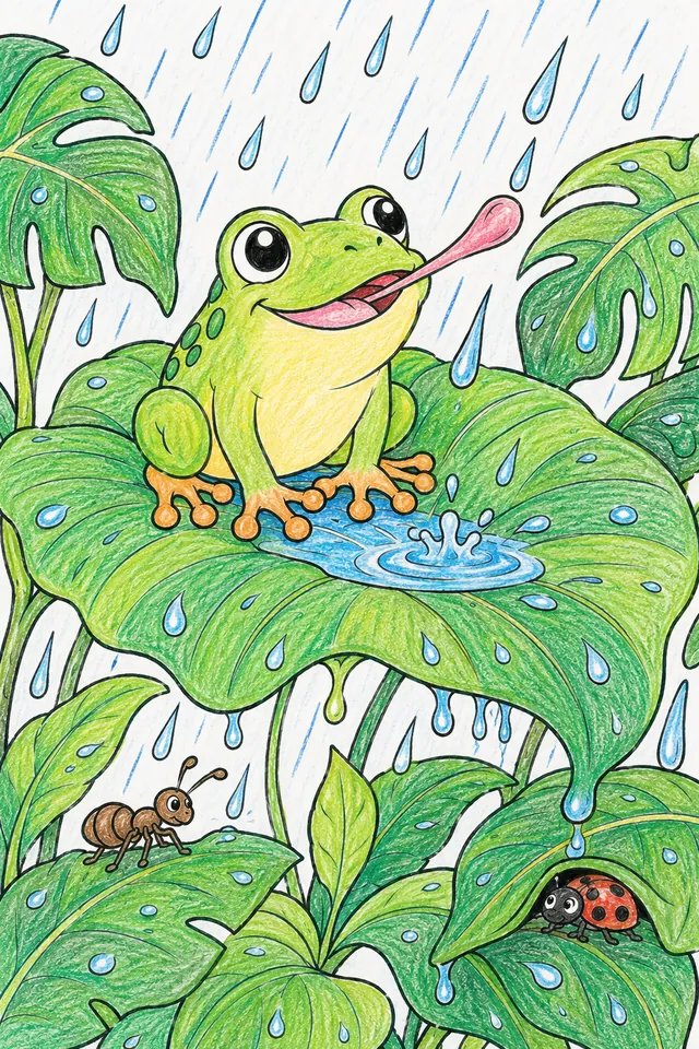 Ausmalbild: Runder Laubfrosch sitzt zufrieden auf riesigem Tropfen-bedecktem Dschungelblatt im Regen