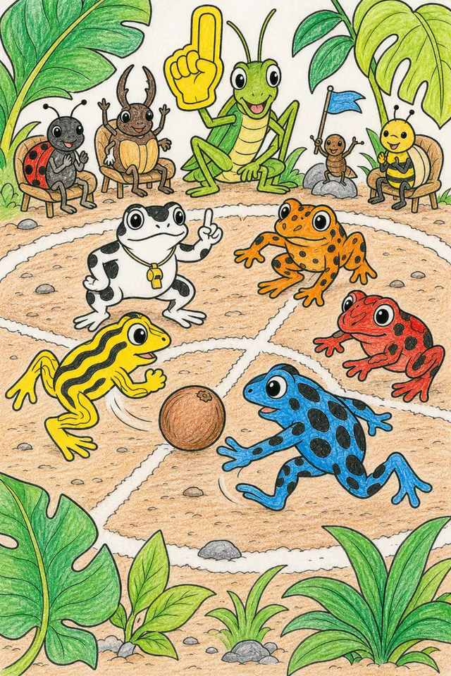 涂色页：小小的彩色毒箭蛙与场边昆虫观众踢足球