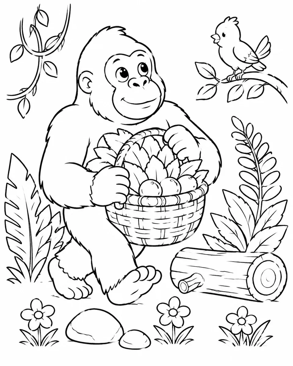 Gorilla trägt einen Bambuskorb voller Früchte durch den Dschungel