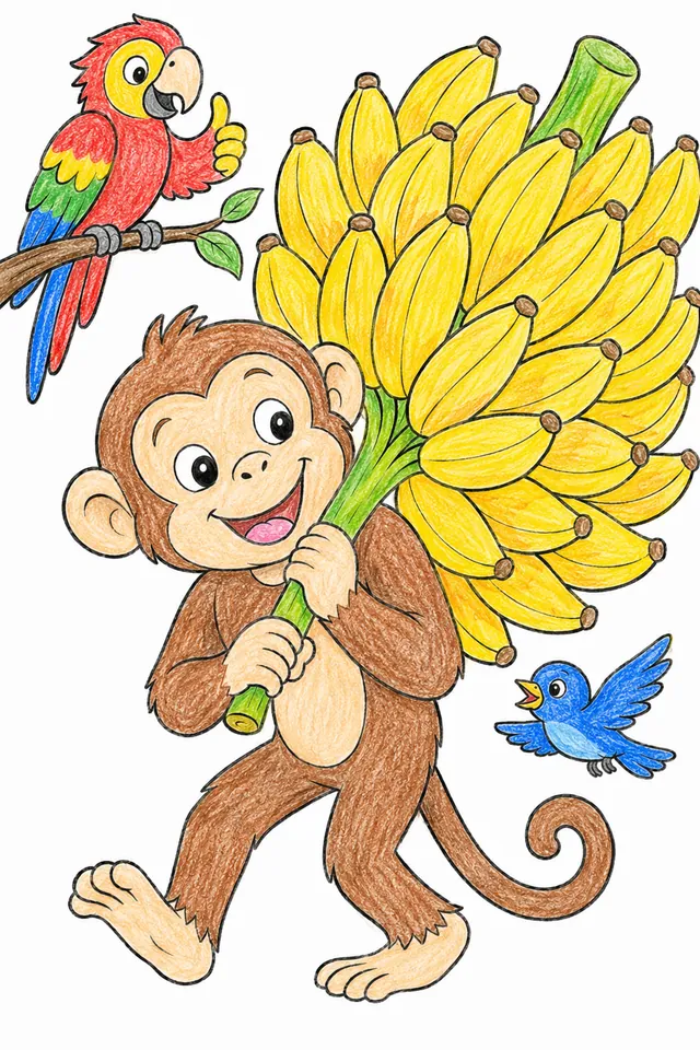 Ausmalbild: Kleiner Affe stemmt mit größter Mühe ein Bananenbündel das größer ist als sein Körper