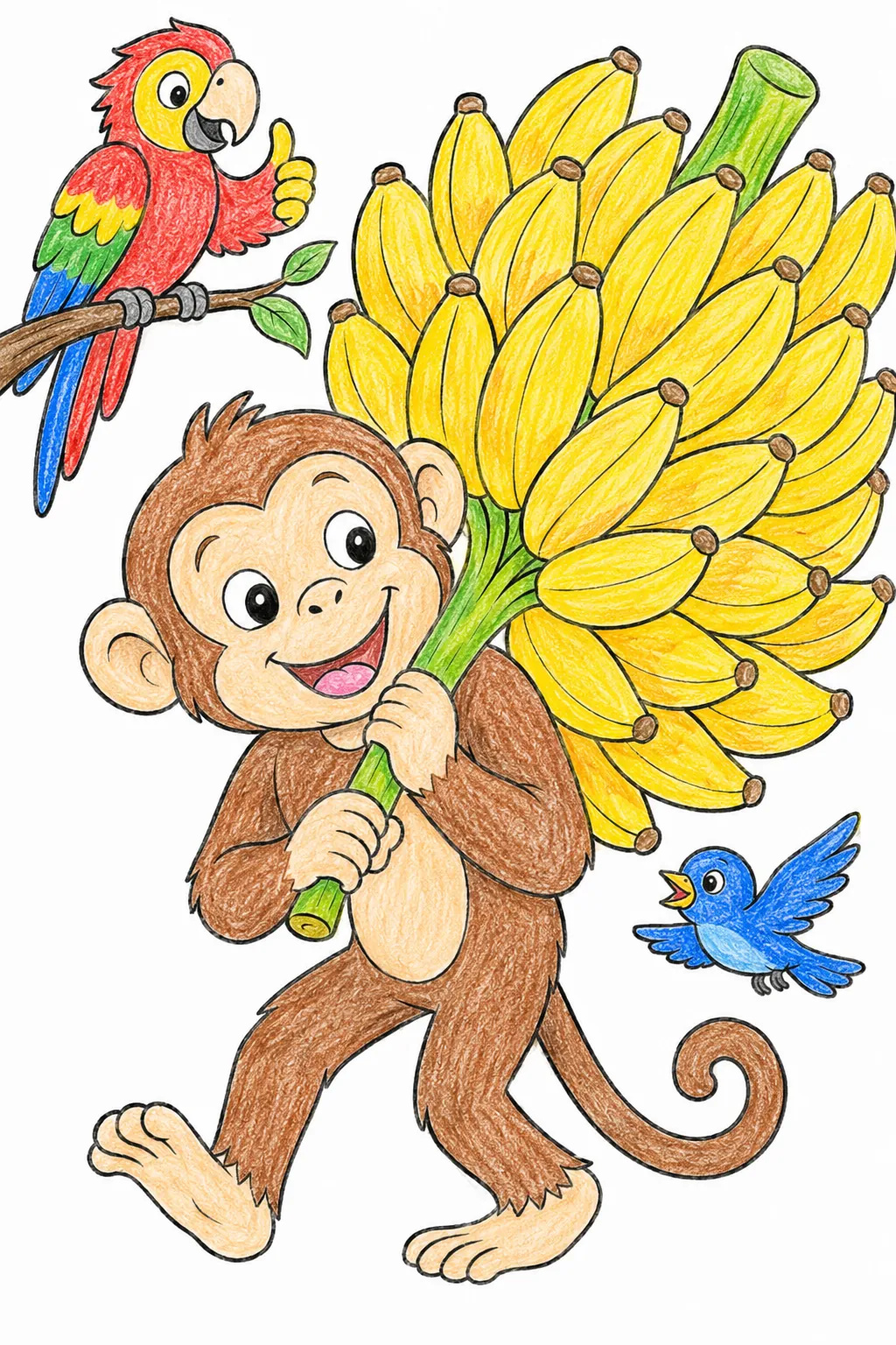 Kleiner Affe trägt Bananenbündel