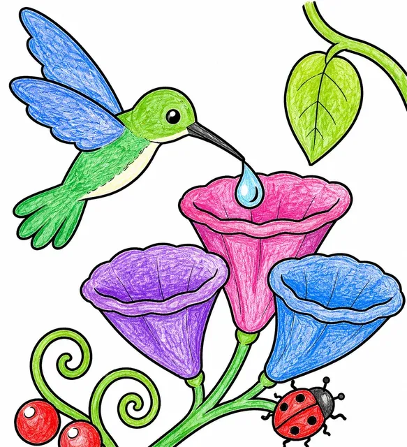 Kolibri füllt eine Blütentasse mit einem Tautropfen