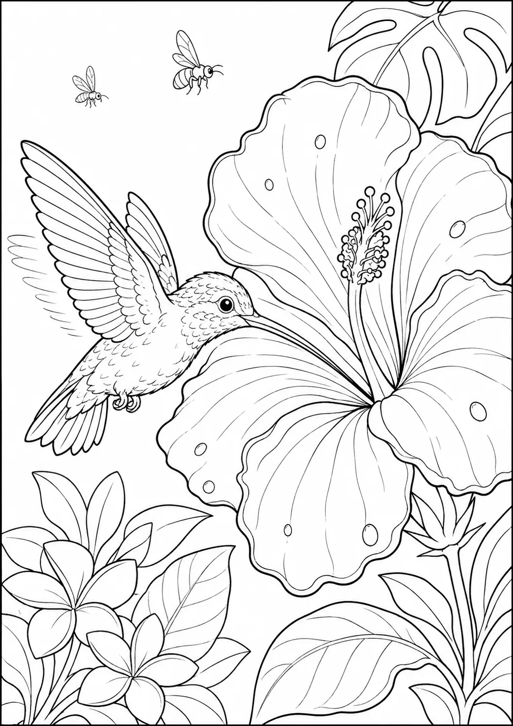Ausmalbild: Leuchtender Kolibri schwebt präzise vor einer riesigen exotischen Tropenblüte