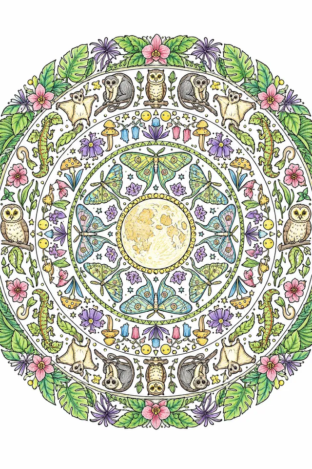 Mandala-Ausmalbild: Kreisförmiges Dschungel-Nacht-Mandala mit Motten, Eulen und Leuchtpflanzen in symmetrischen Ringen