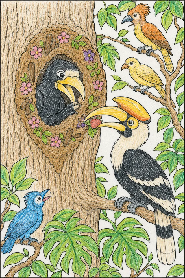 Coloring page: female hornbill walling up tree hollow, male with huge beak waiting outside