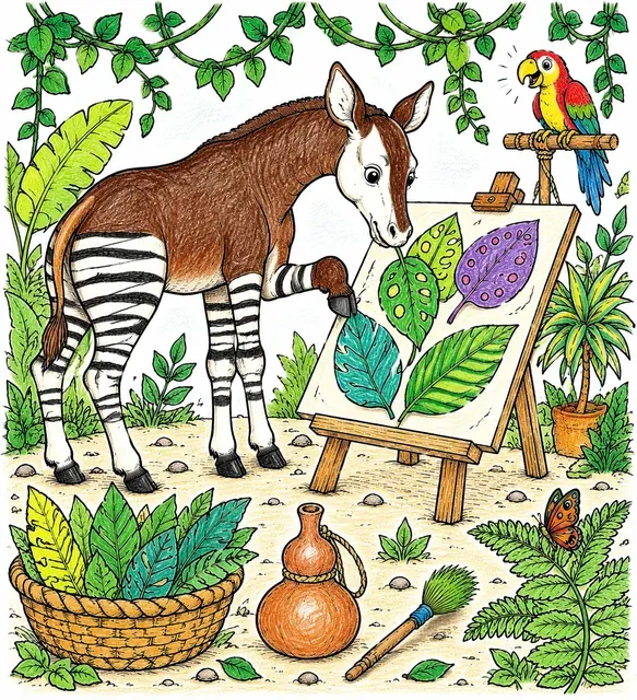 Okapi arrangiert große Blätter auf einer Staffelei im Dschungel