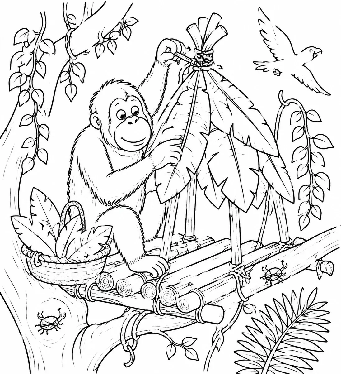 Orang-Utan bindet große Blätter zu einem Dach im Dschungel