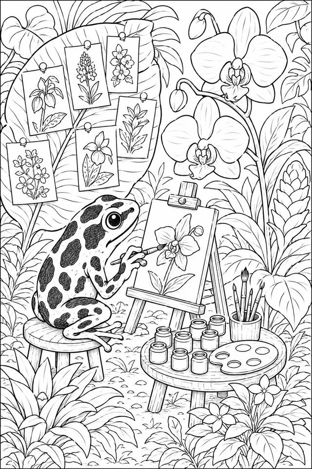 Pfeilfrosch-Malerin malt Blüten nach