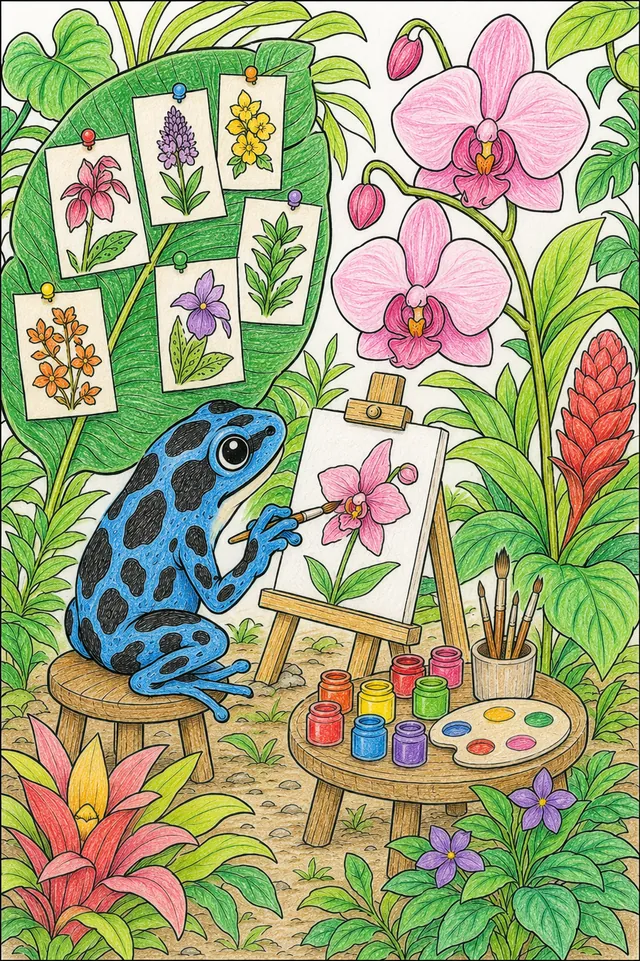 Ausmalbild: Blauer Pfeilfrosch an Staffelei malt botanische Studie einer tropischen Orchidee