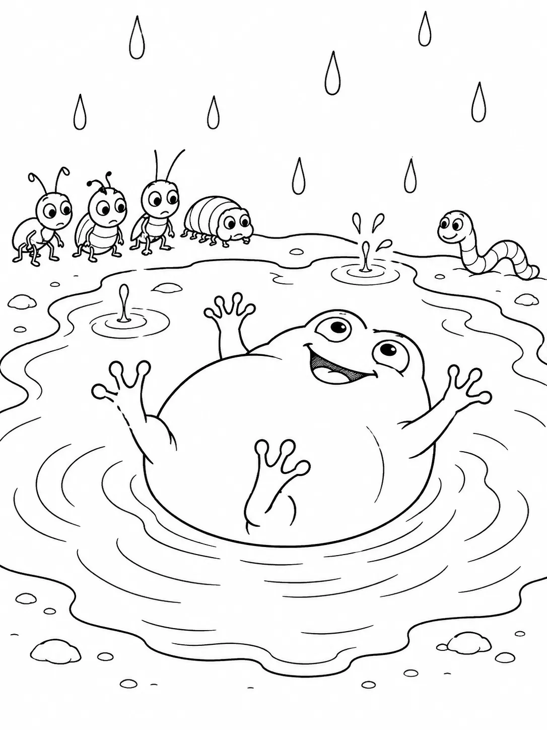 Coloring page: ball-round little frog lying on back in puddle, all four legs happily stretched into the air
