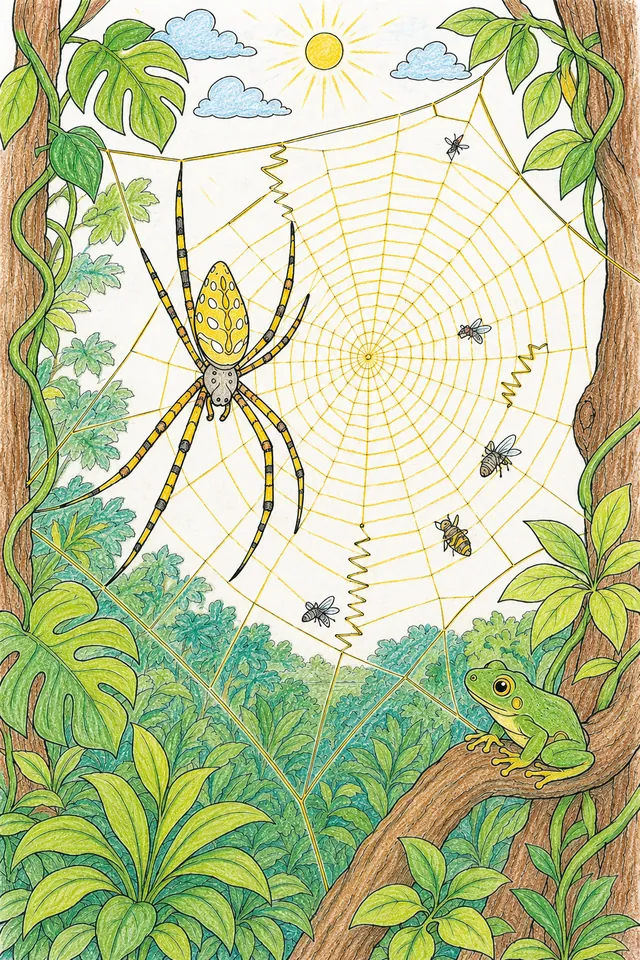 Ausmalbild: Große goldene Spinne baut geometrisch perfektes glänzendes Netz im Dschungel