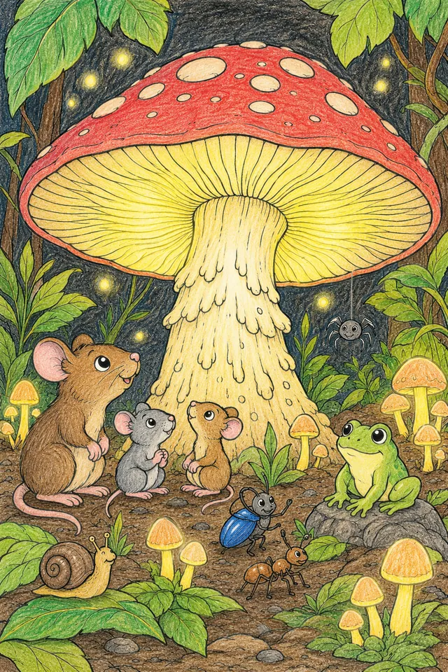 涂色页：黑暗森林中巨大发光的蘑菇，小动物们聚集在其温暖的光芒周围
