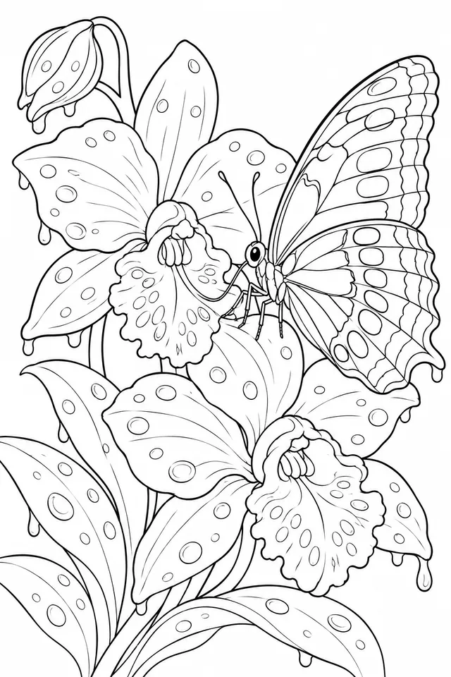 Schmetterling thront auf nasser Orchidee