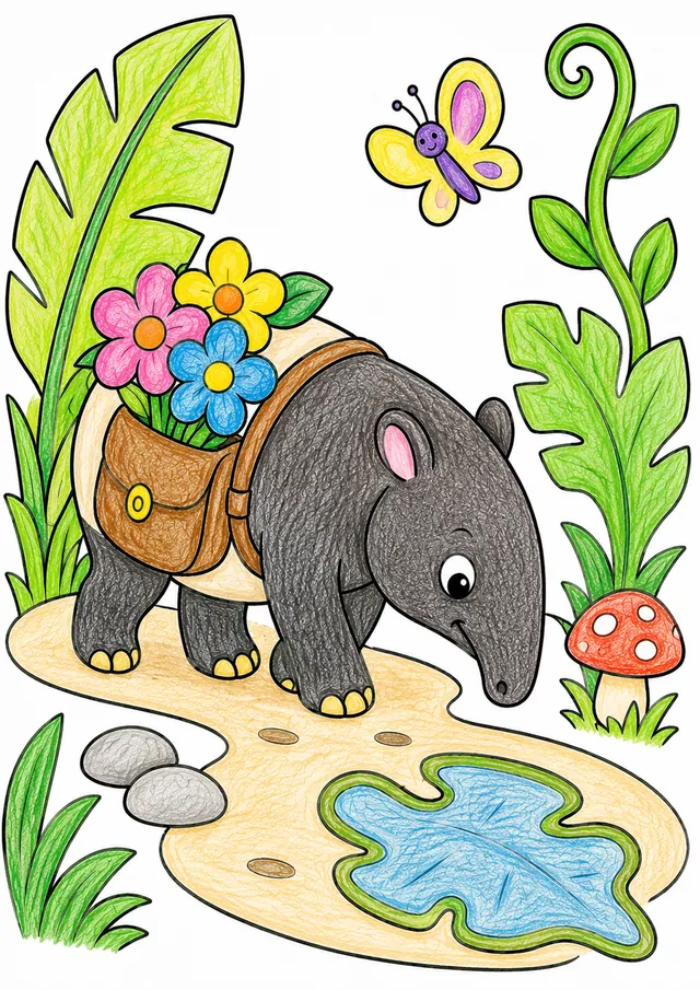 Tapir trägt einen Rucksack mit Blumen auf einem Dschungelpfad