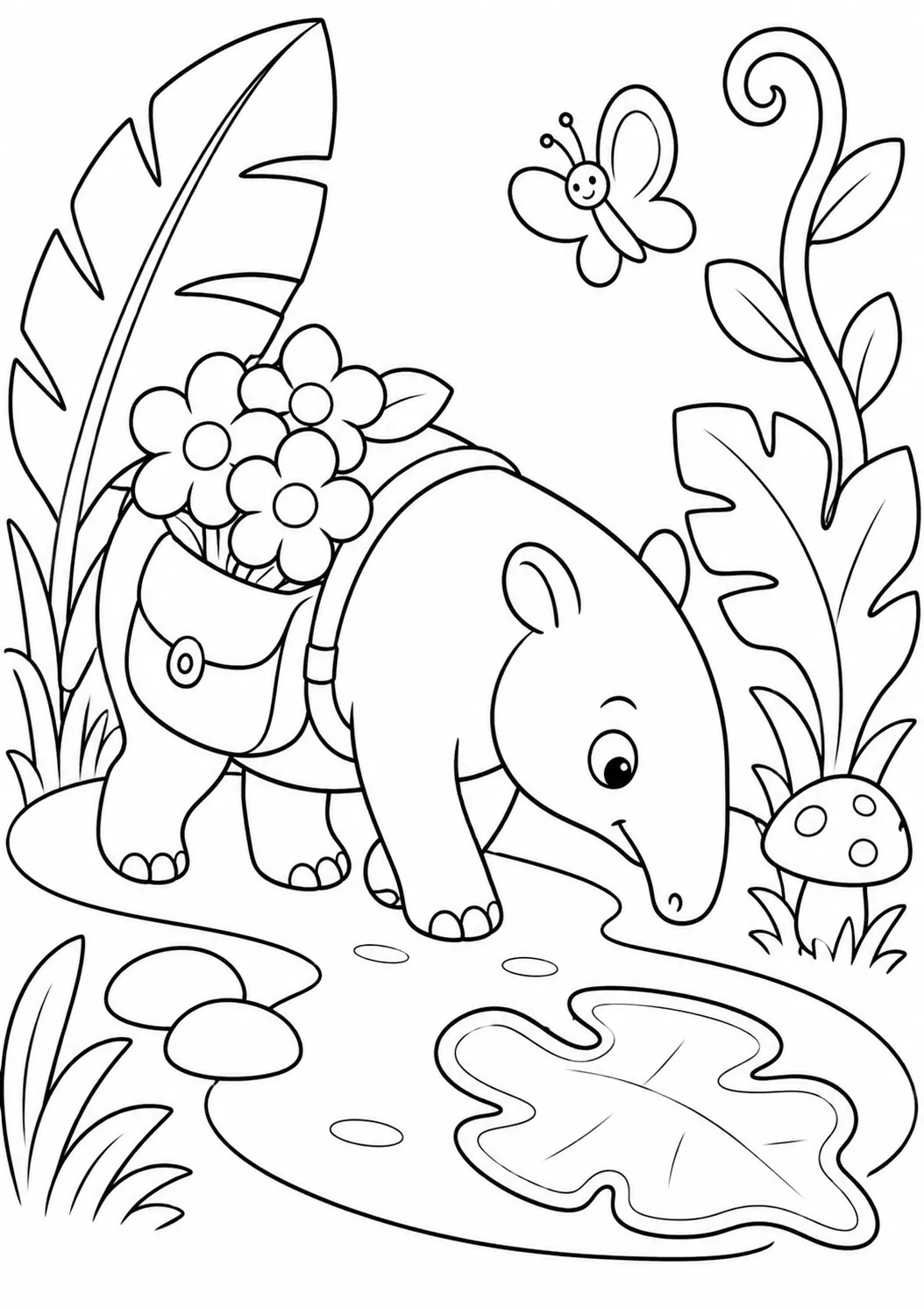 Tapir trägt einen Rucksack mit Blumen auf einem Dschungelpfad