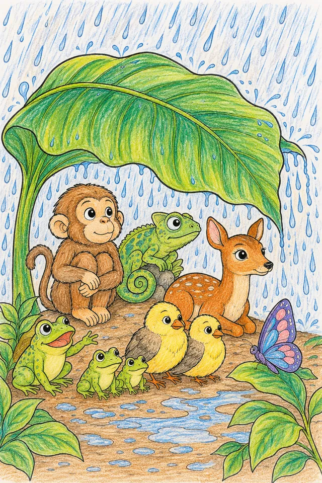涂色页：许多小型丛林动物在热带雨中一起在弯曲的巨大叶子下等待