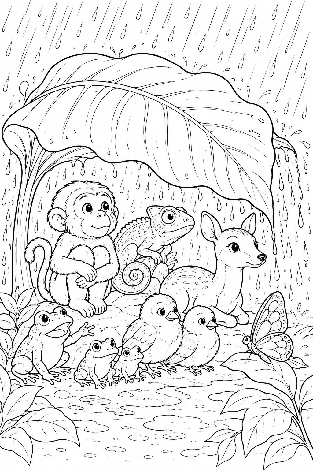 涂色页：许多小型丛林动物在热带雨中一起在弯曲的巨大叶子下等待