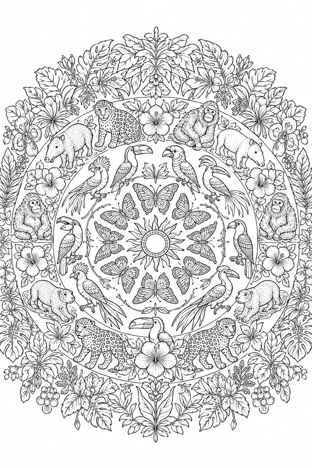 Mandala-Ausmalbild: Kreisförmiges Tropenwelt-Mandala mit bunten Tieren in symmetrischen Ringen