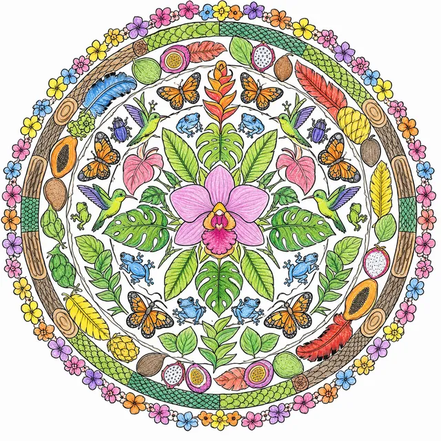 Ausmalbild-Mandala: Rundes Regenwald-Mandala mit konzentrischen Ringen aus Tropenpflanzen, Tieren und Naturmotiven