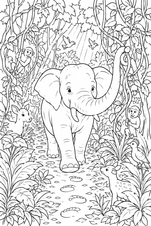 Forest Elephant Clearing Path through Primeval Forest