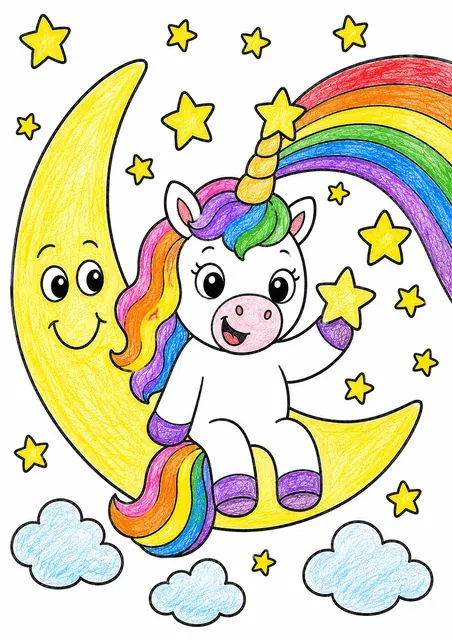 Rundes Einhorn sitzt auf dem lächelnden Mond mit baumelnden Beinen