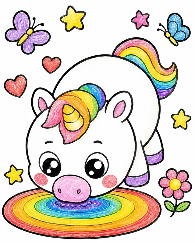 Rundes Baby-Einhorn trinkt aus einer kleinen Regenbogenpfütze
