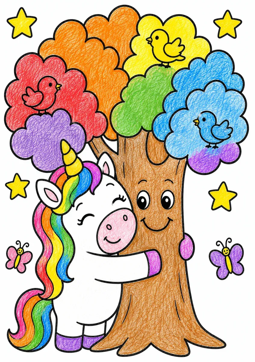 Das Einhorn umarmt den Regenbogenbaum