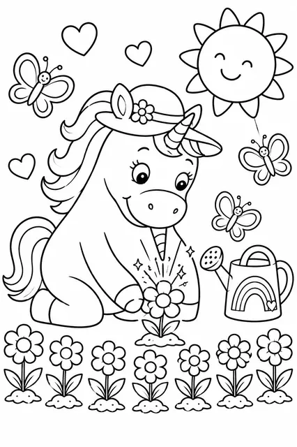 Das Einhorn pflanzt Regenbogenblumen