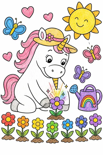 Rundes Einhorn pflanzt Regenbogenblumen in einem Garten