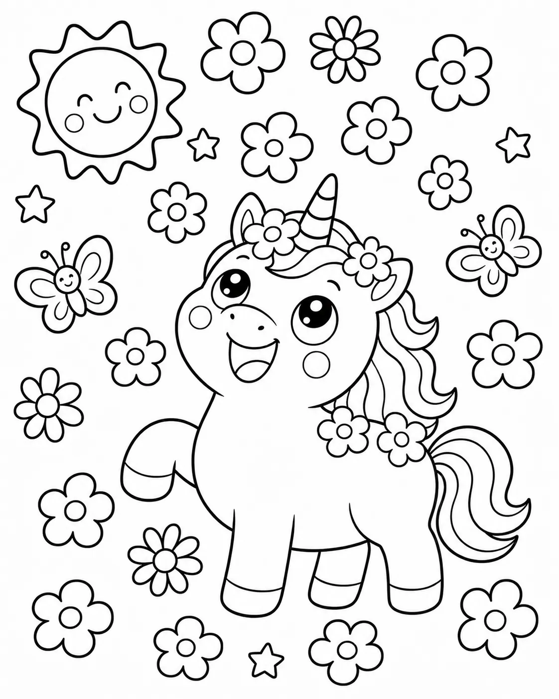 Rundes Einhorn im Blumenregen mit sechzehn bunten Blumen