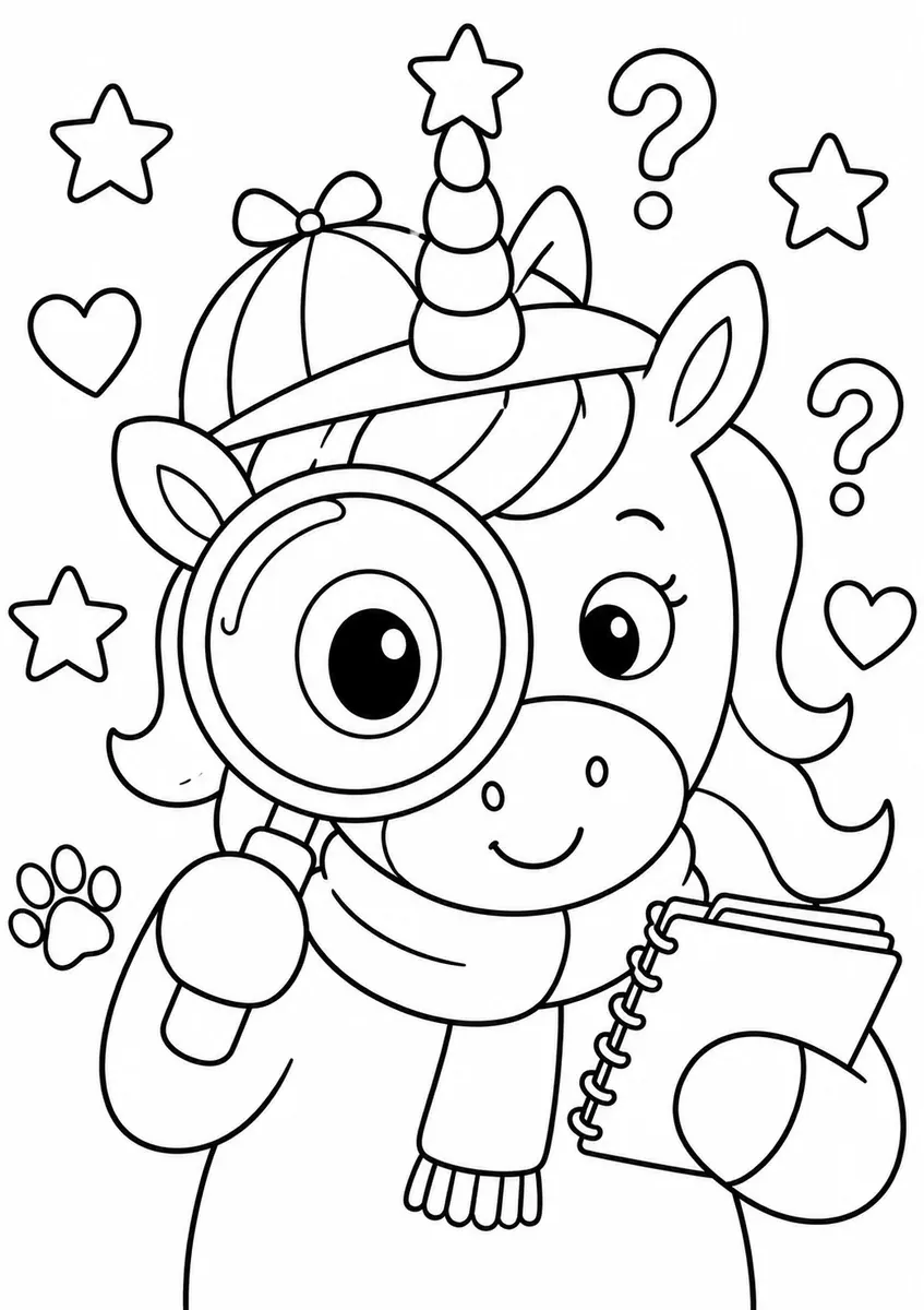 Einhorn als Detektiv hält eine große Lupe mit einem vergrößerten Auge