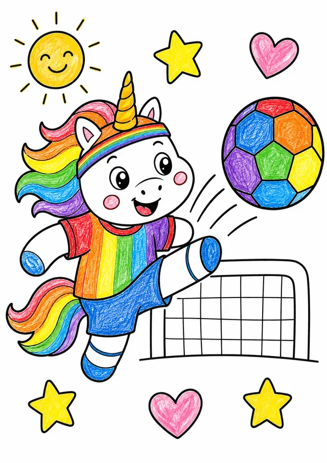 Rundes Einhorn tritt einen Regenbogen-Fußball im gestreiften Trikot